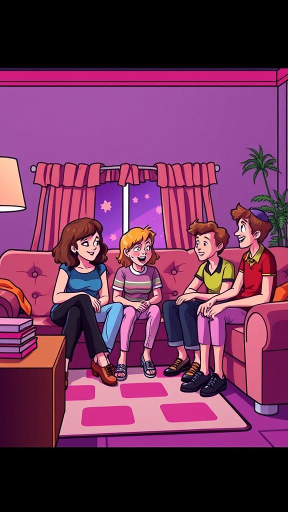 1970s Cartoon Family in Synthwave Neon Style