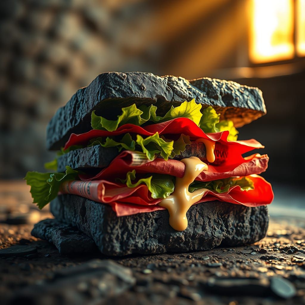 Stone Sandwich with Lettuce and Tomato in Photorealistic Sty...