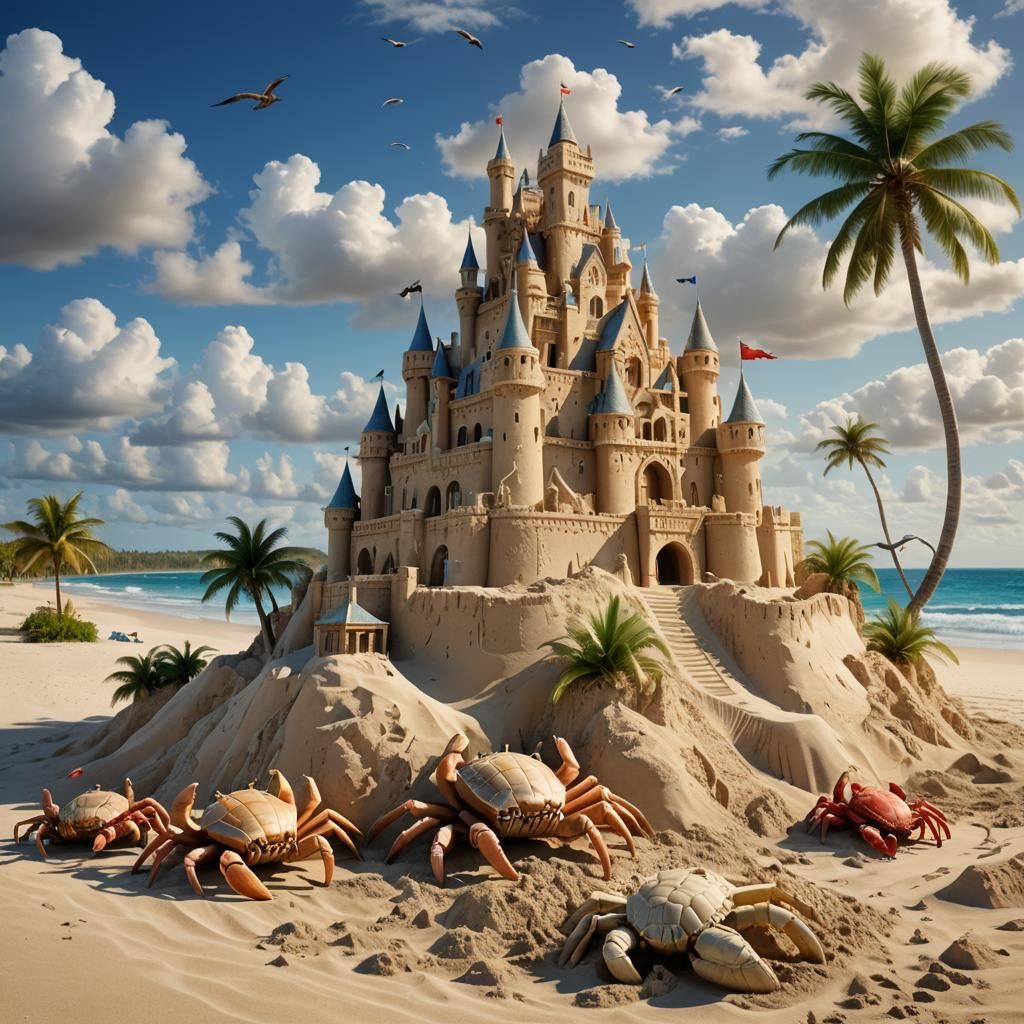 Hyperrealistic Sandcastle on Tropical Beach: Digital Matte P...