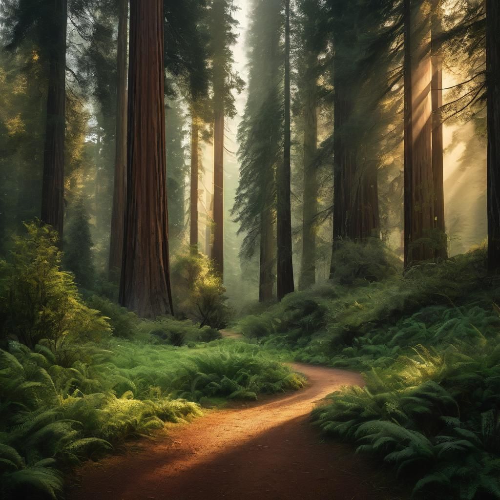 Redwood Forest Path at Golden Hour: Landscape Photography