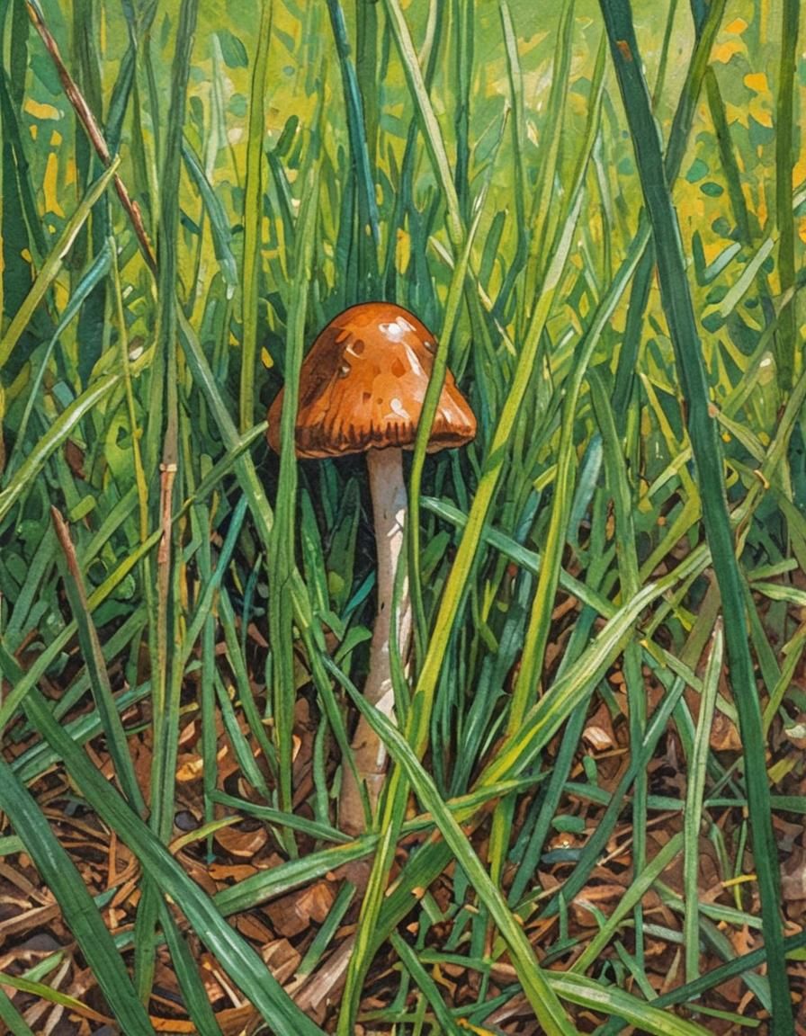 Mushroom in Forest Clearing, Gouache Style