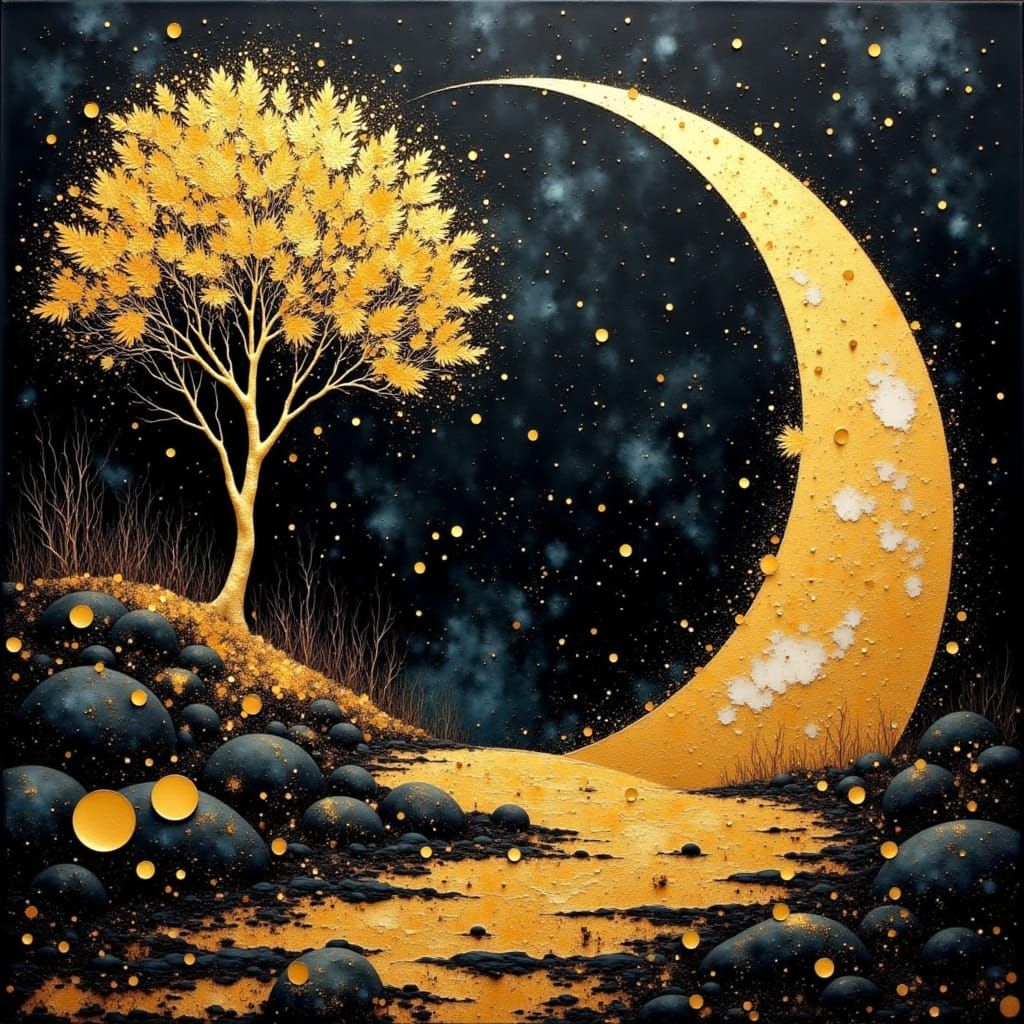 Black and gold impressionistic painting of a crescent moon s...
