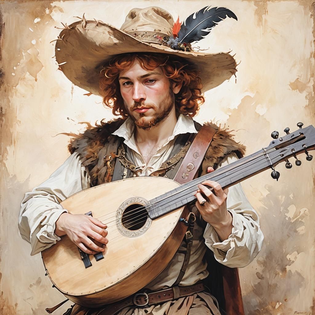 Medieval Lute Player Oil Painting