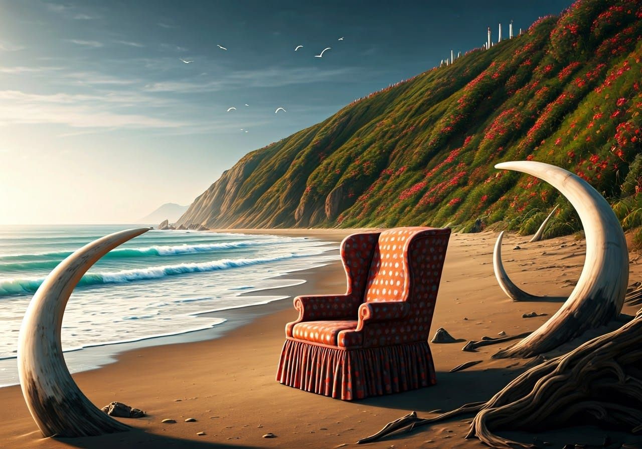 Surreal Beach Scene with Polka Dot Chair and Driftwood Tusks