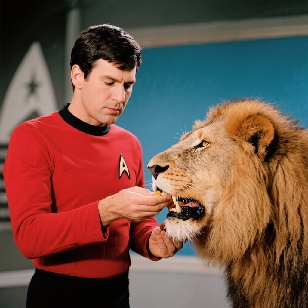Star Trek Redshirt Feeding a Lion