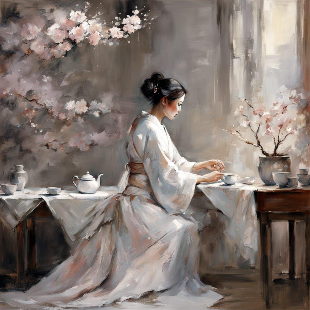 Serene Japanese Tea Ceremony in Ethereal White