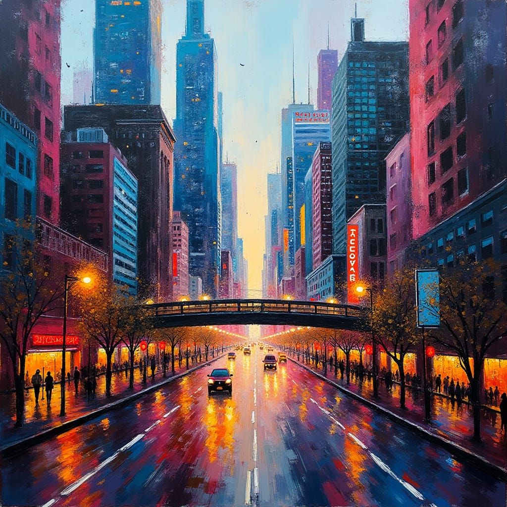 Vibrant Cityscape in Drip Painting Style