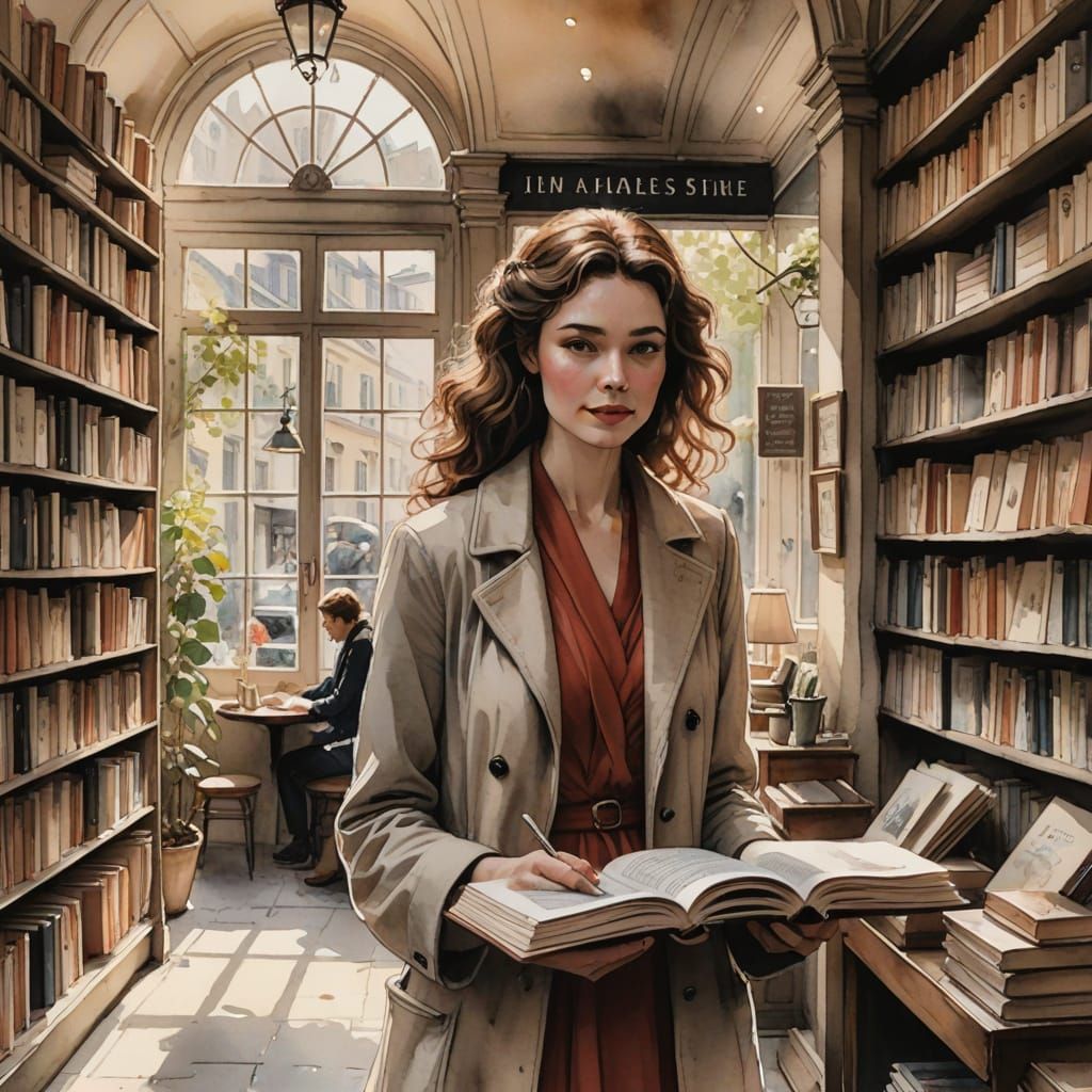 Romantic Couple at Parisian Bookshop in Watercolor Style