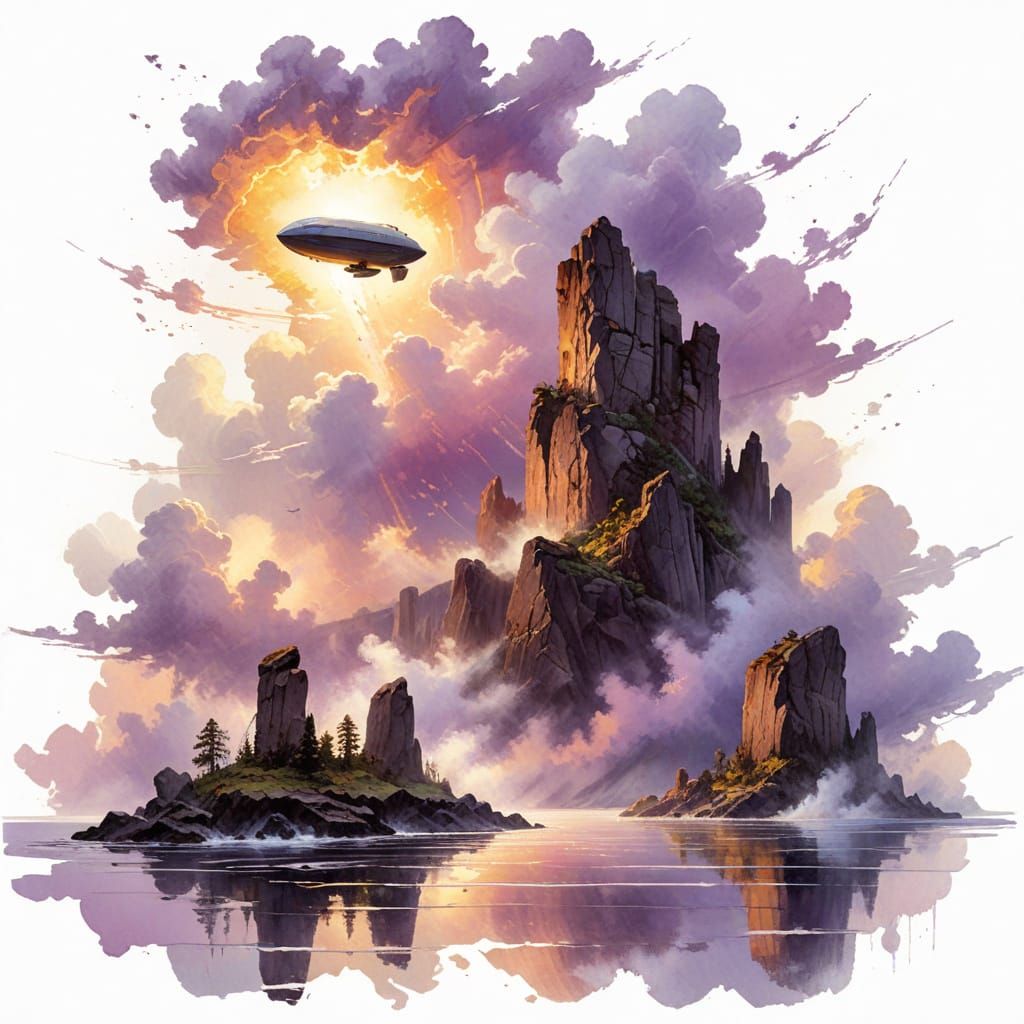 Zeppelin Over Floating Islets in Mauve Clouds