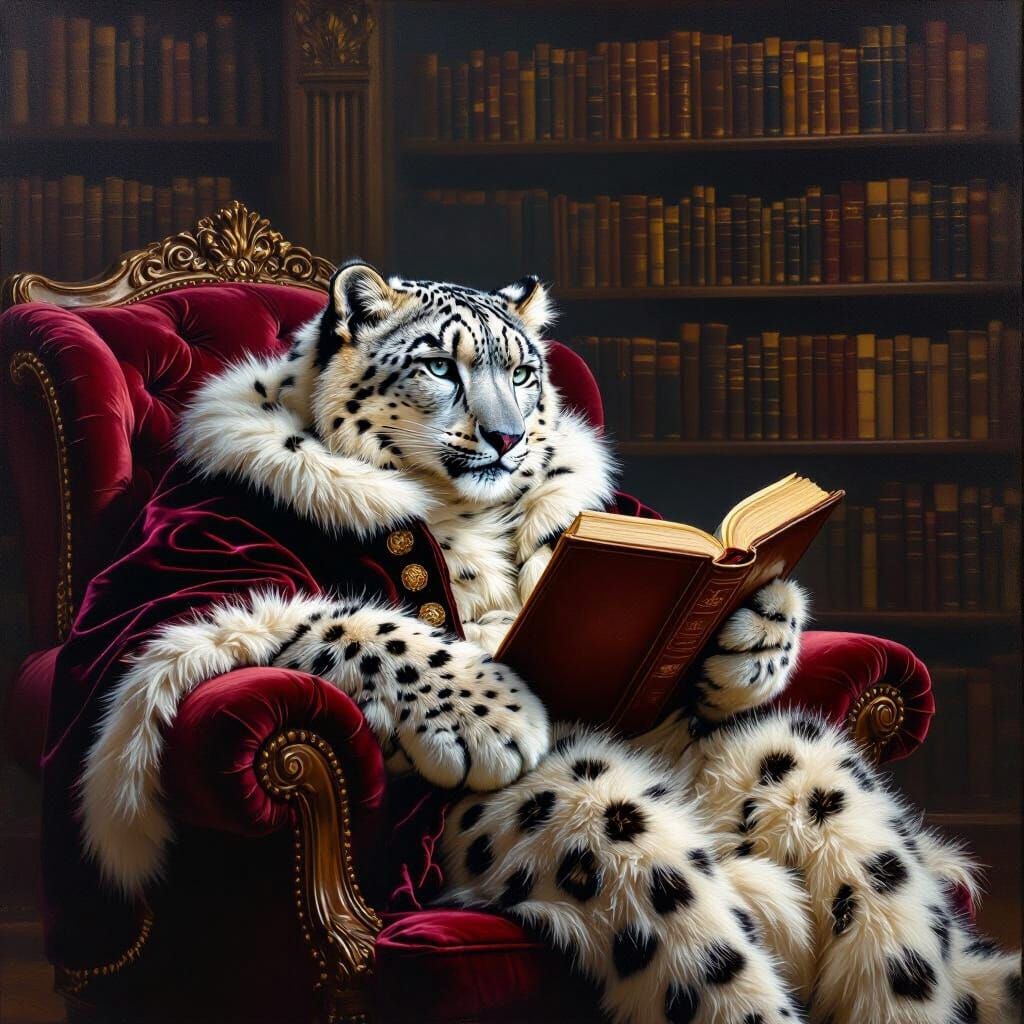 Snow Leopard Reads in Grand Library: Oil Painting