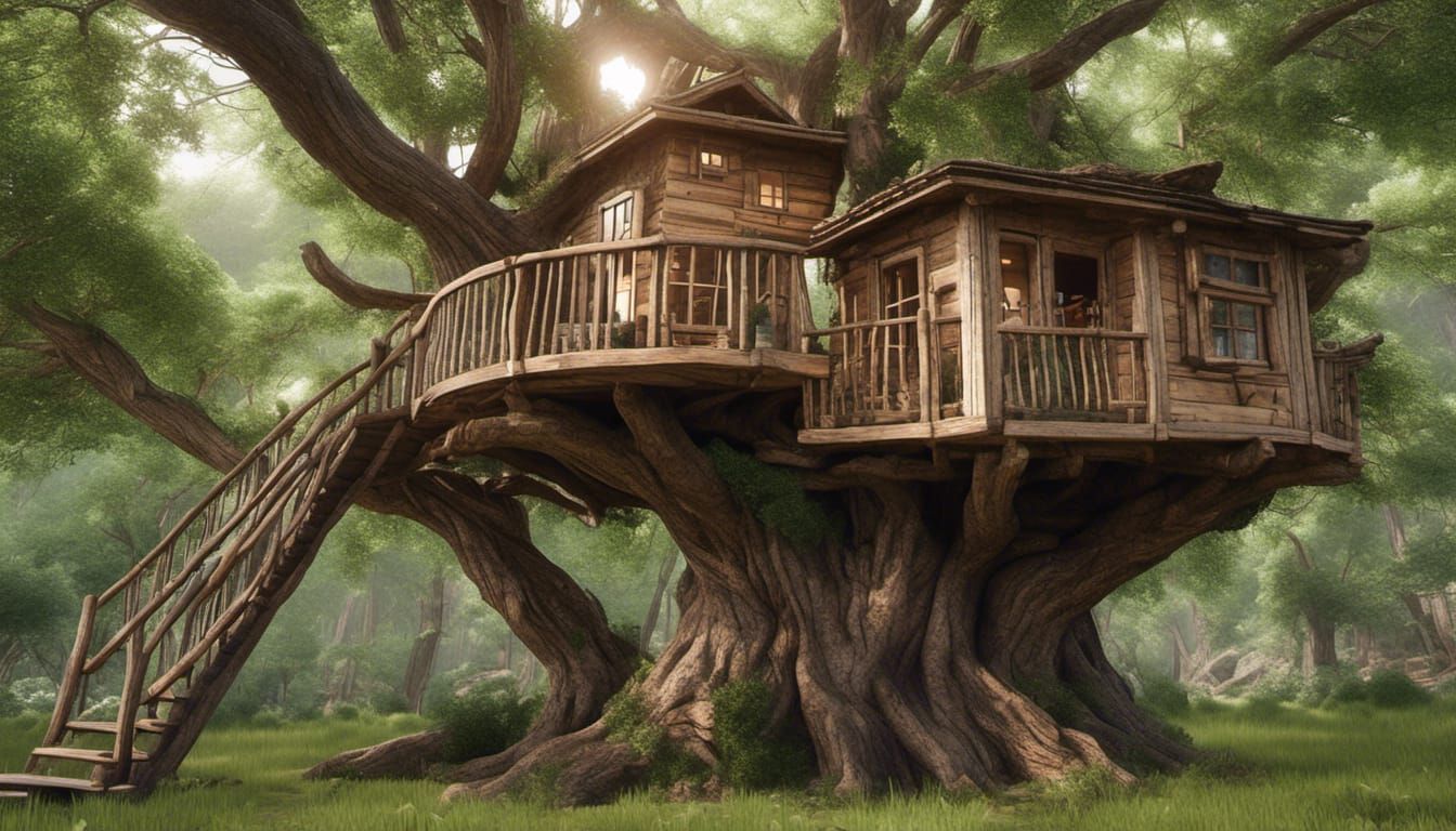 Pug on Rustic Treehouse Porch in Photorealistic Style