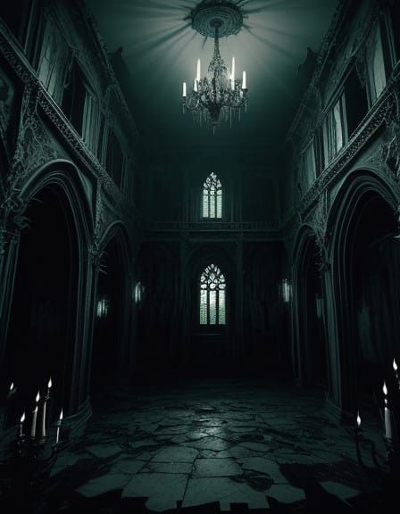 Dark Gothic Abode, Hauntingly Illuminated in Flickering Cand...
