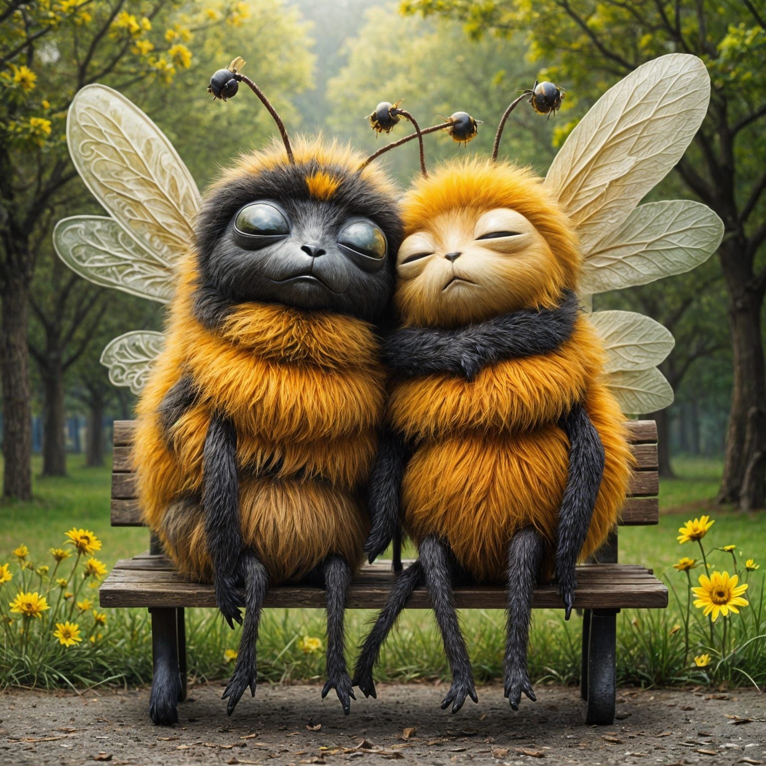 Sleepy Furry Bumblebees on Park Bench