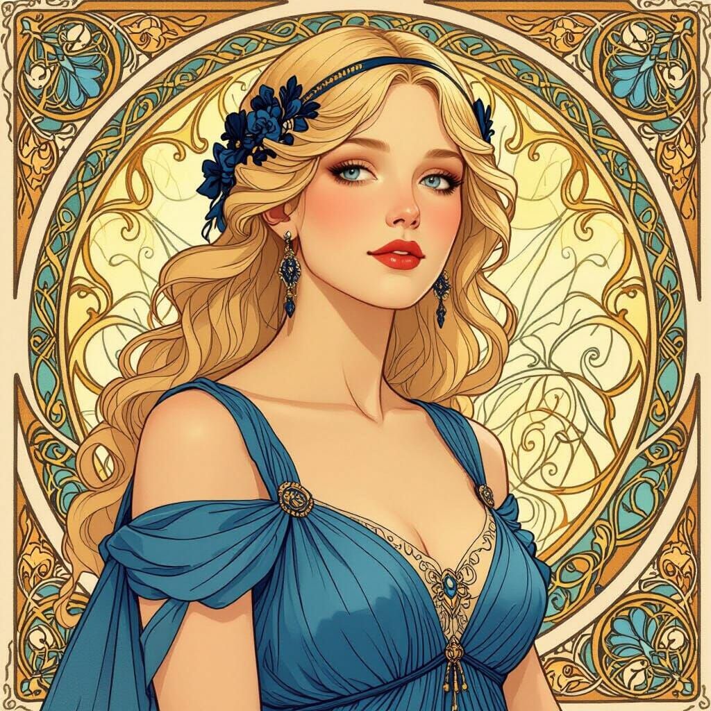 Art Nouveau Portrait of Blond Woman in Blue Dress