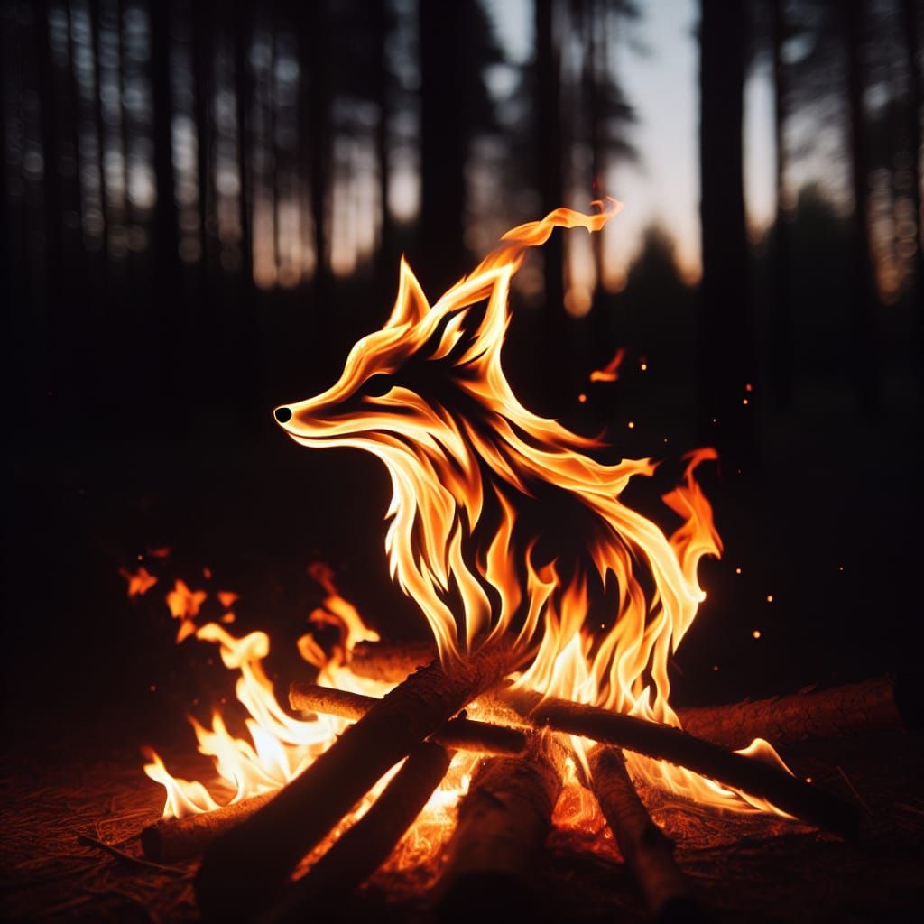 Fox Silhouette Appears in Forest Firelight