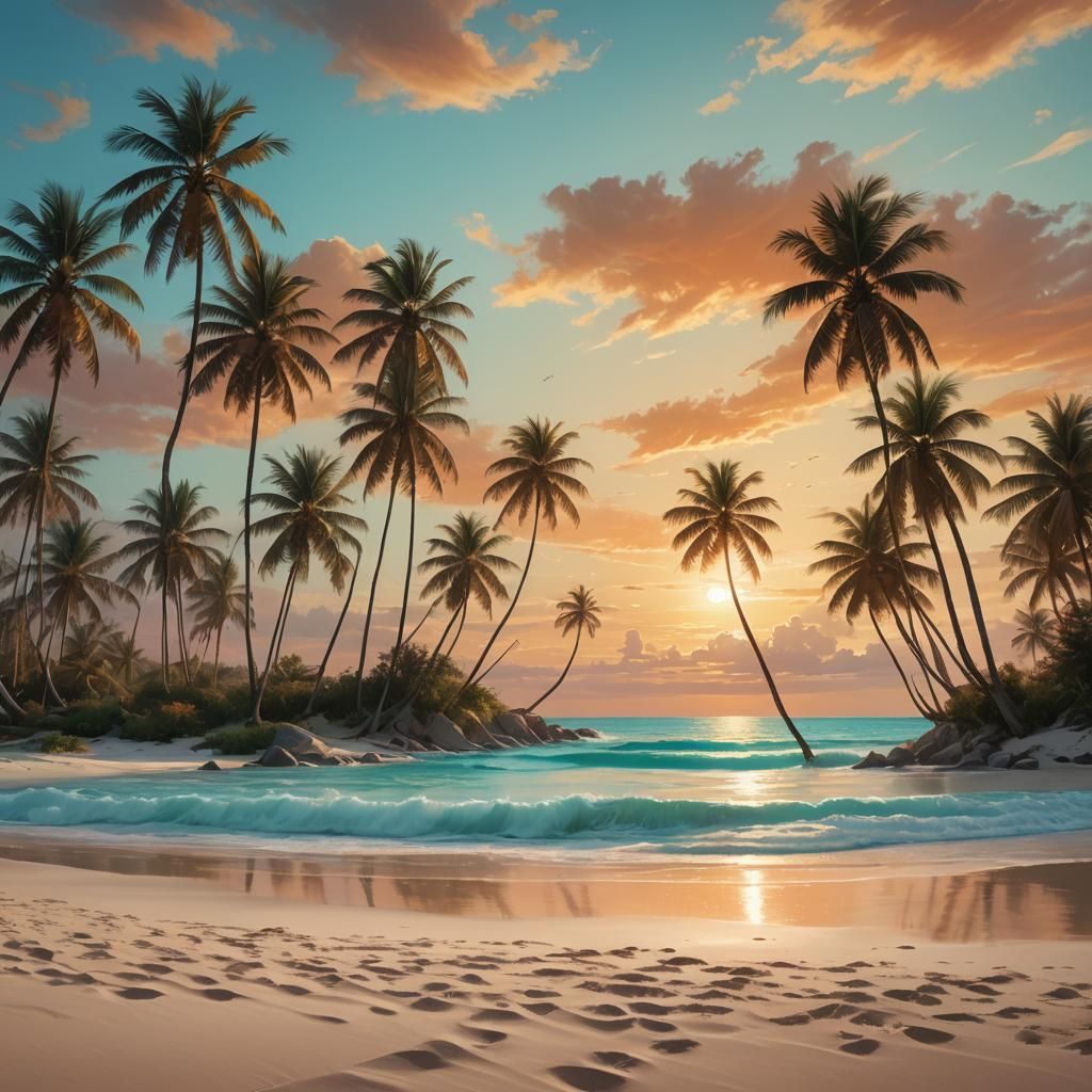 Serene Beach Sunset in Vibrant Oil Painting Style