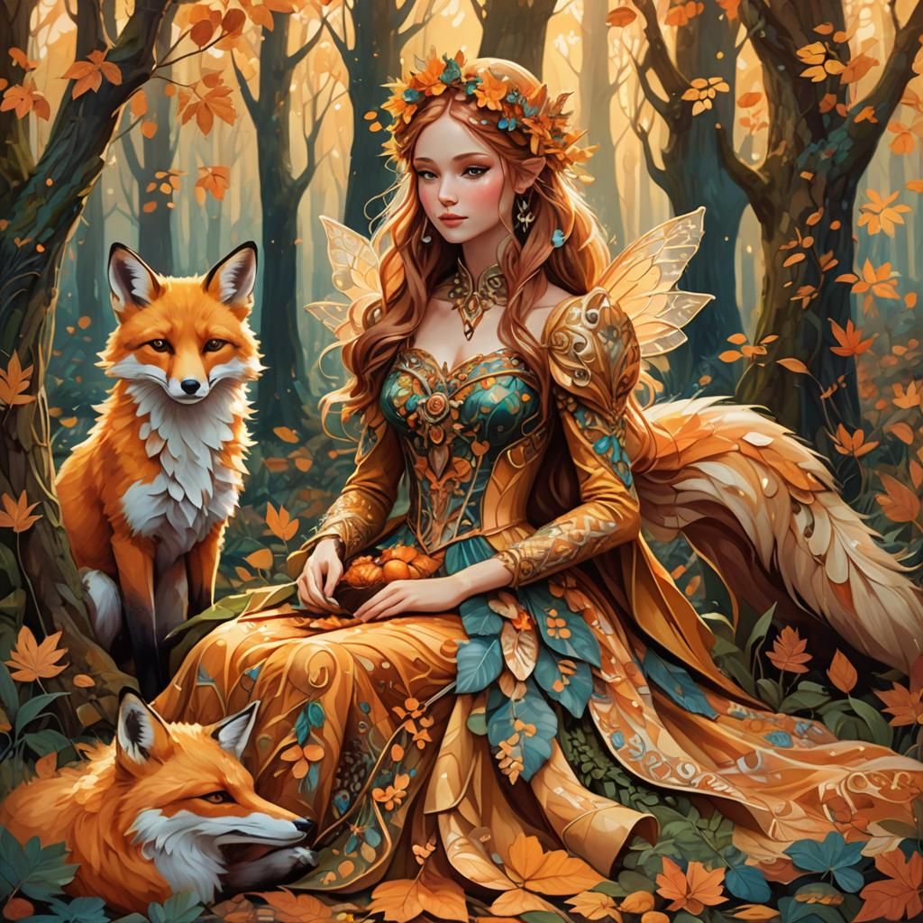 Autumn Fairy Holding Fox in Whimsical Forest