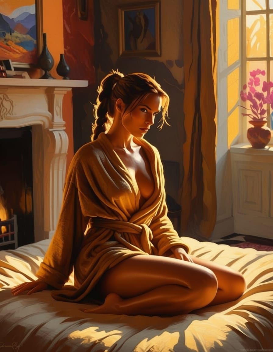 Lara Croft in Mansion, Chiaroscuro Oil Painting Style
