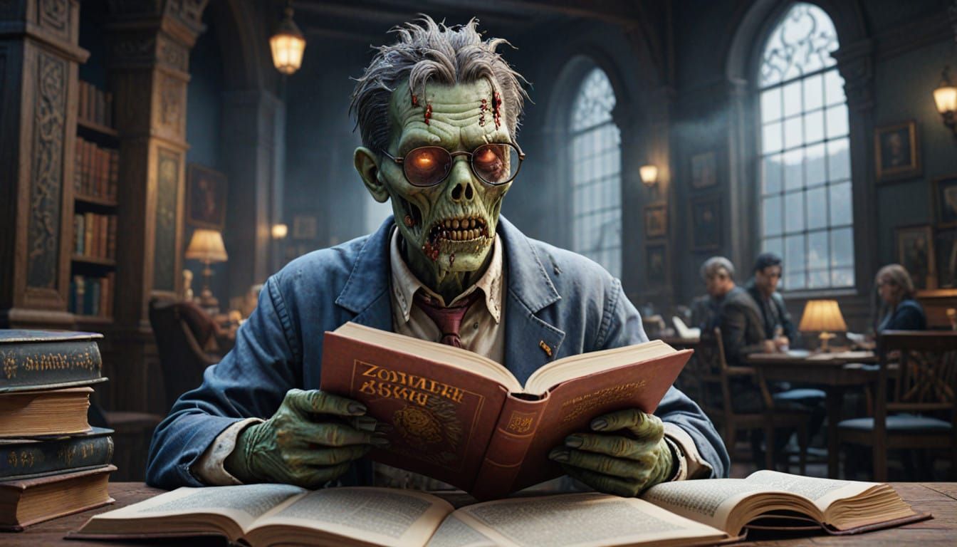 Fantastical Zombie Reading in a Surreal Landscape