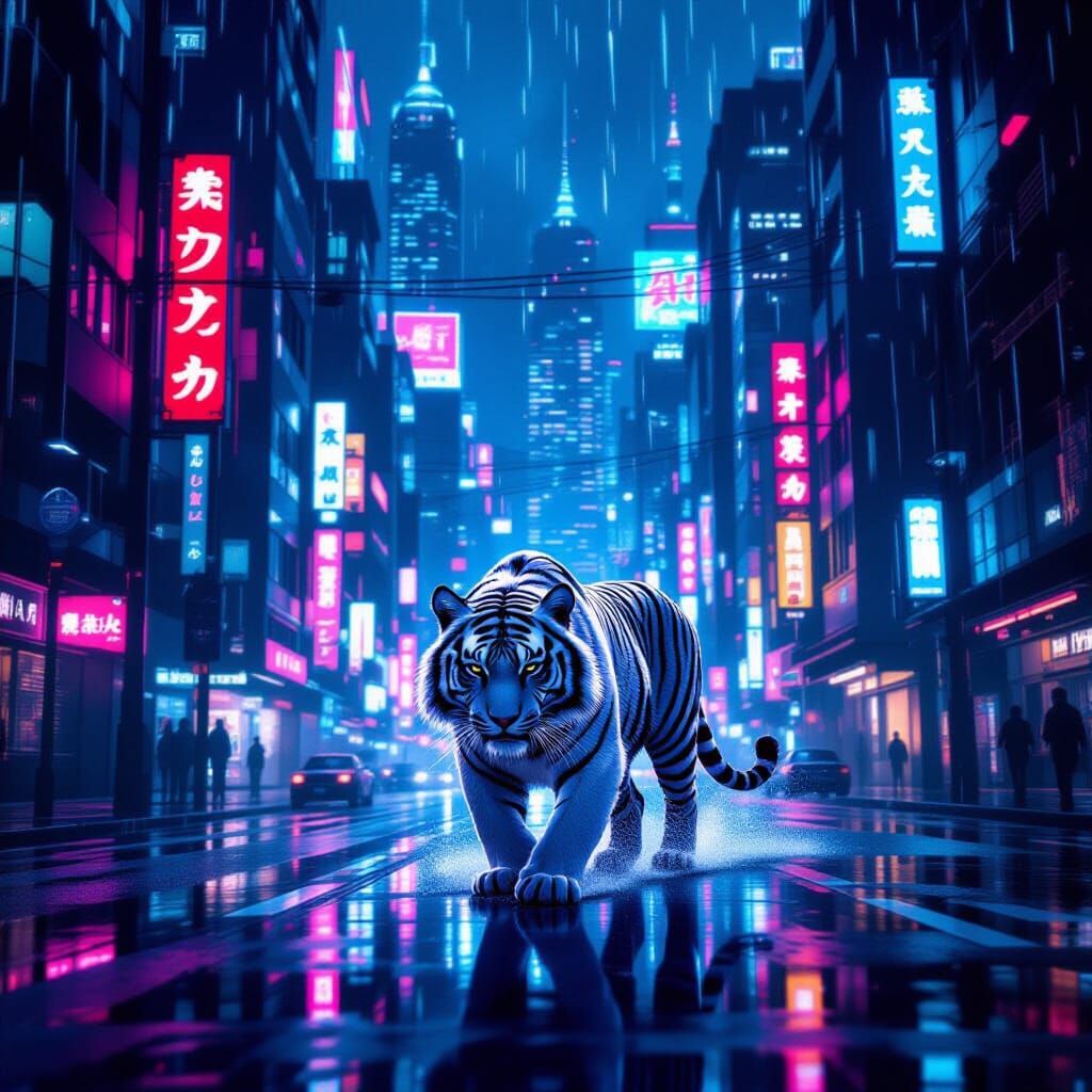 White Tiger in Neon Cyberpunk City at Night