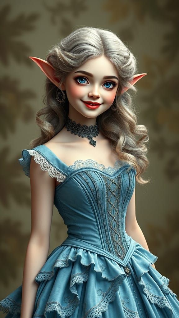 Victorian era female elf with pale skin and smiling with a beautiful face and long curly hair and wearing a corset cornf...
