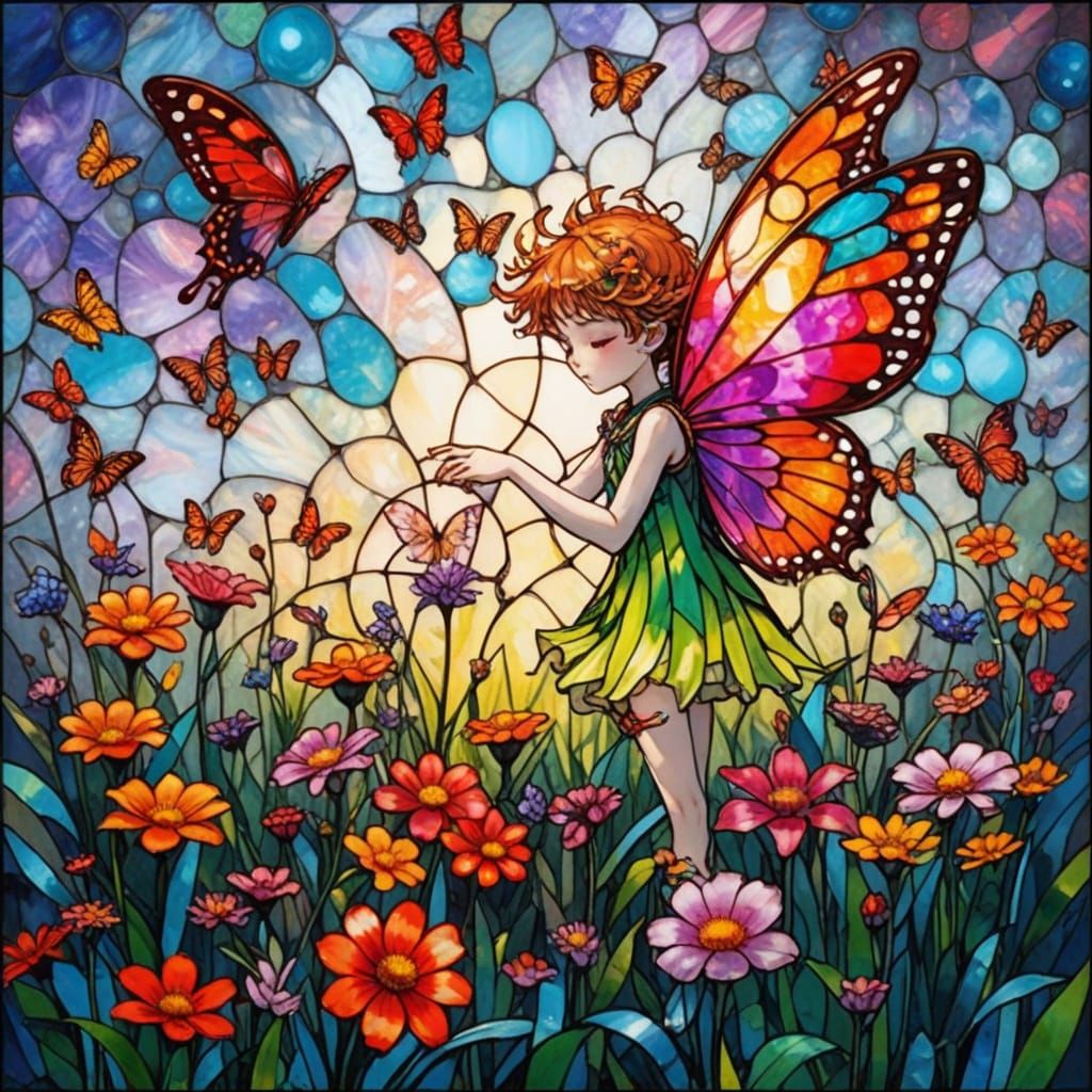 Whimsical Fairy Boy in Stained Glass Meadow