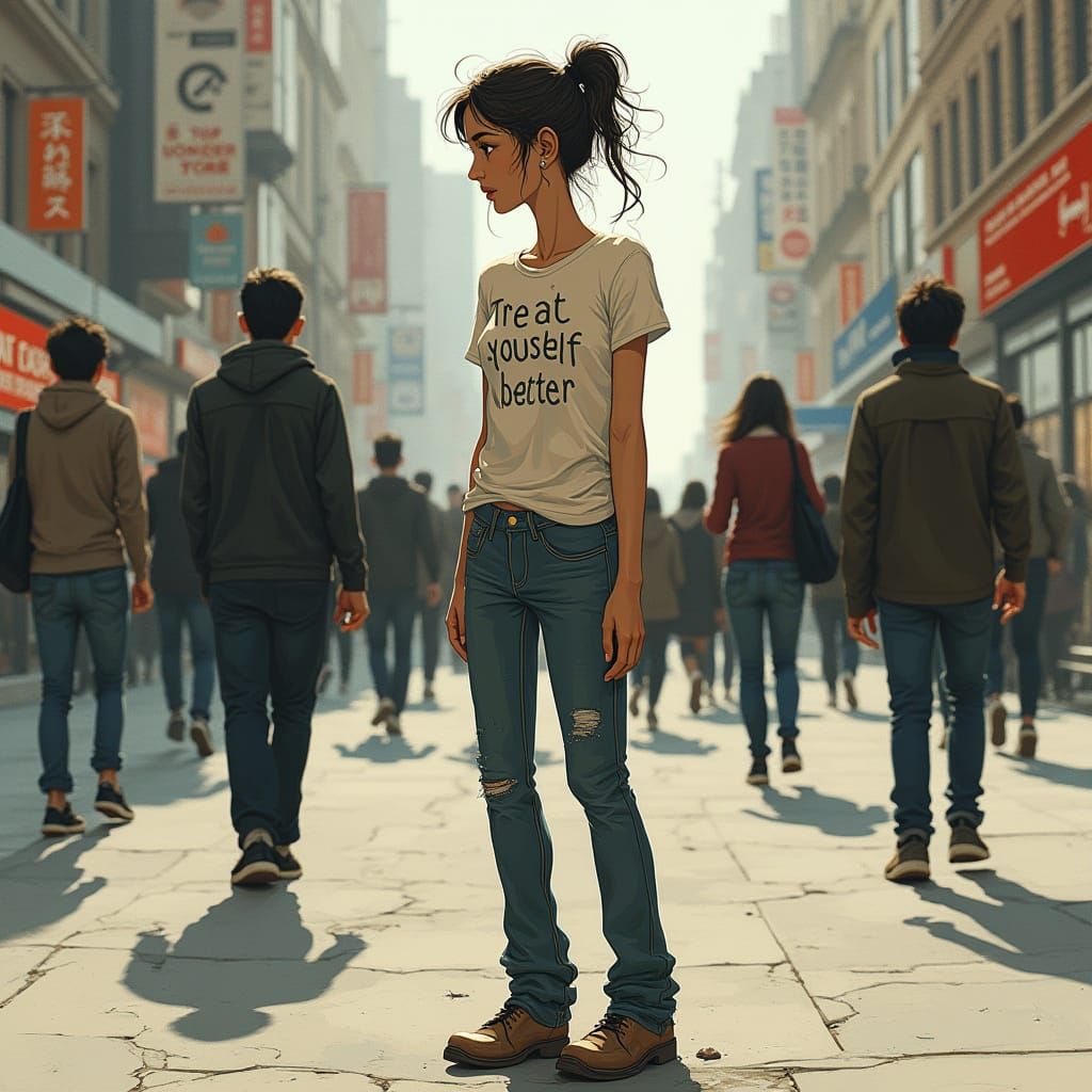 Woman with Slogan Tee in Atmospheric Cityscape