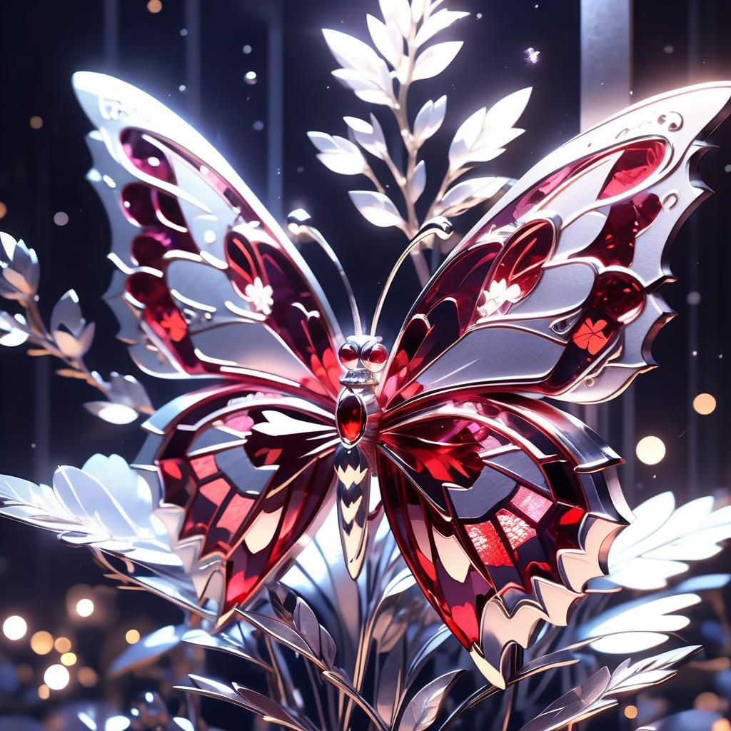 Ruby Butterfly on Silver Flower: 3D Anime Art