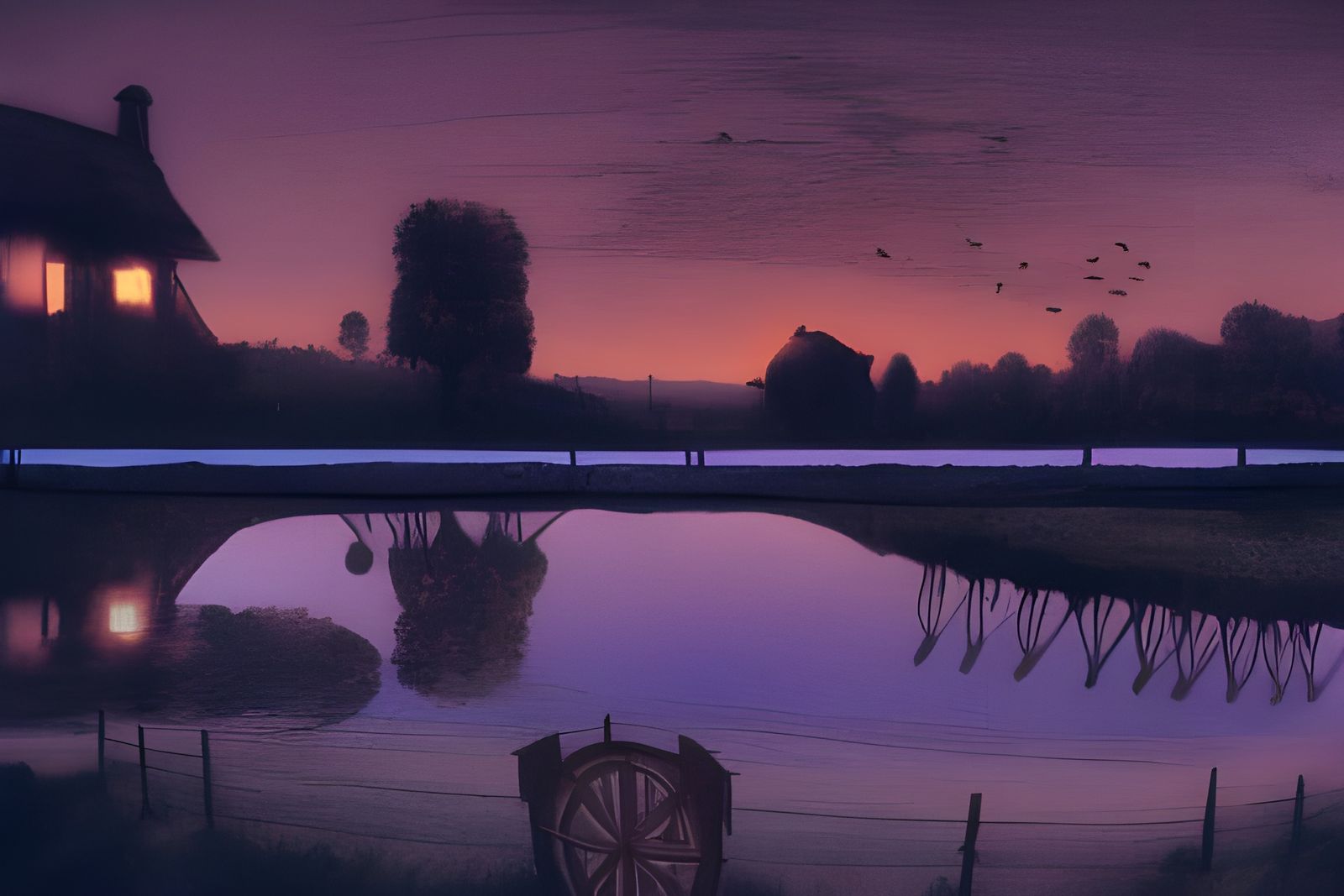 Picturesque Farmhouse Sunset Through Archway: Digital Painti...