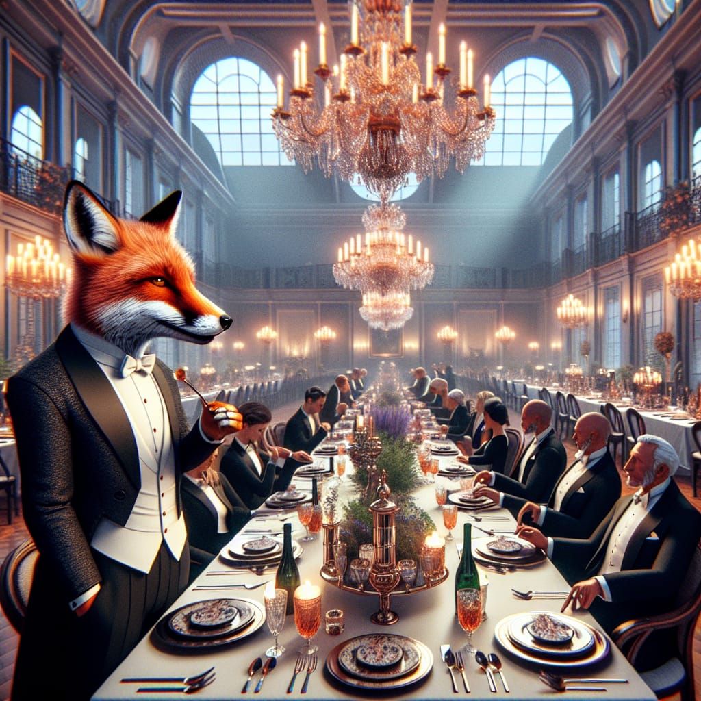Fox in Tuxedo at Dinner Party, Fantasy Art