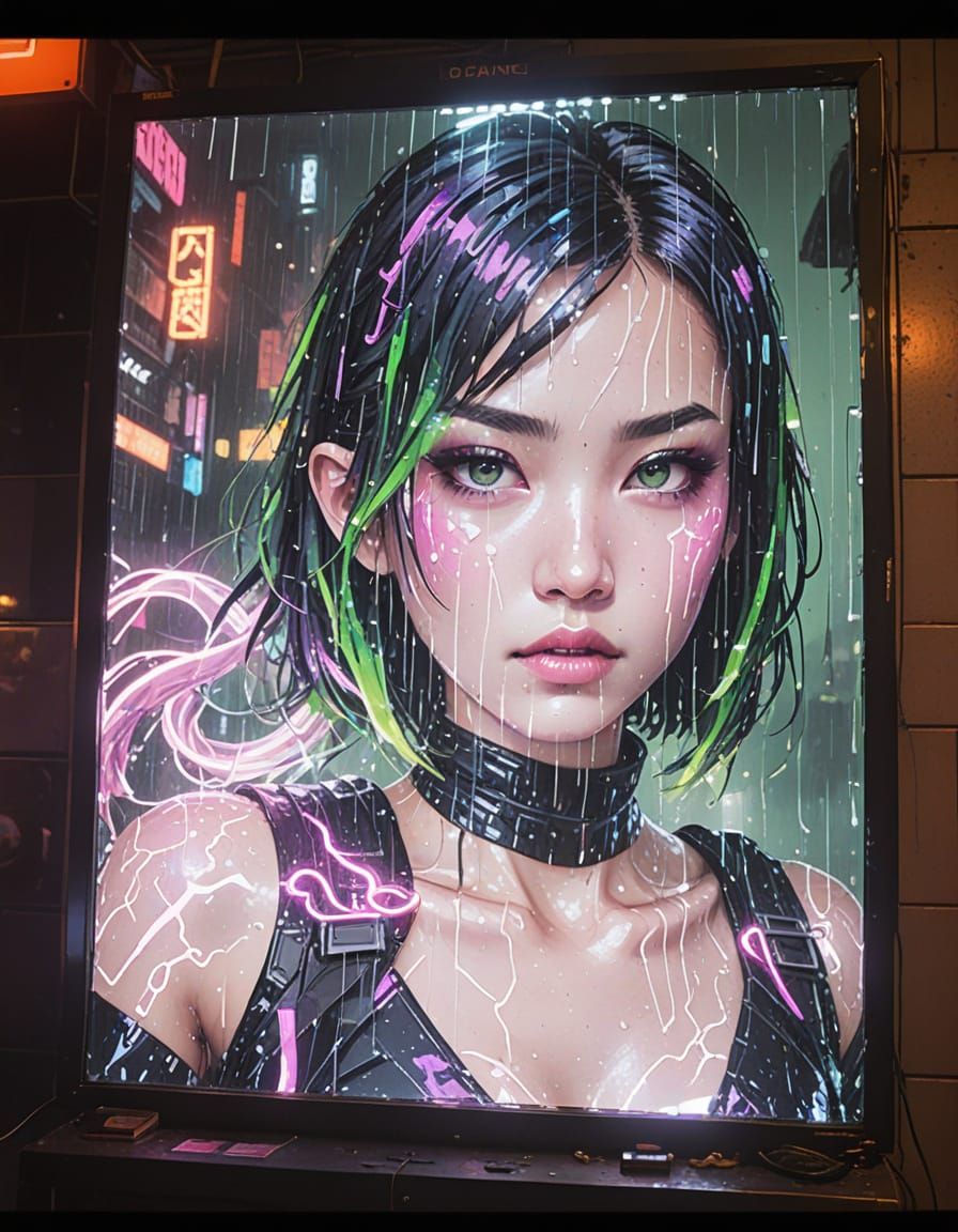 Cyberpunk Goddess in a Neon Rainstorm