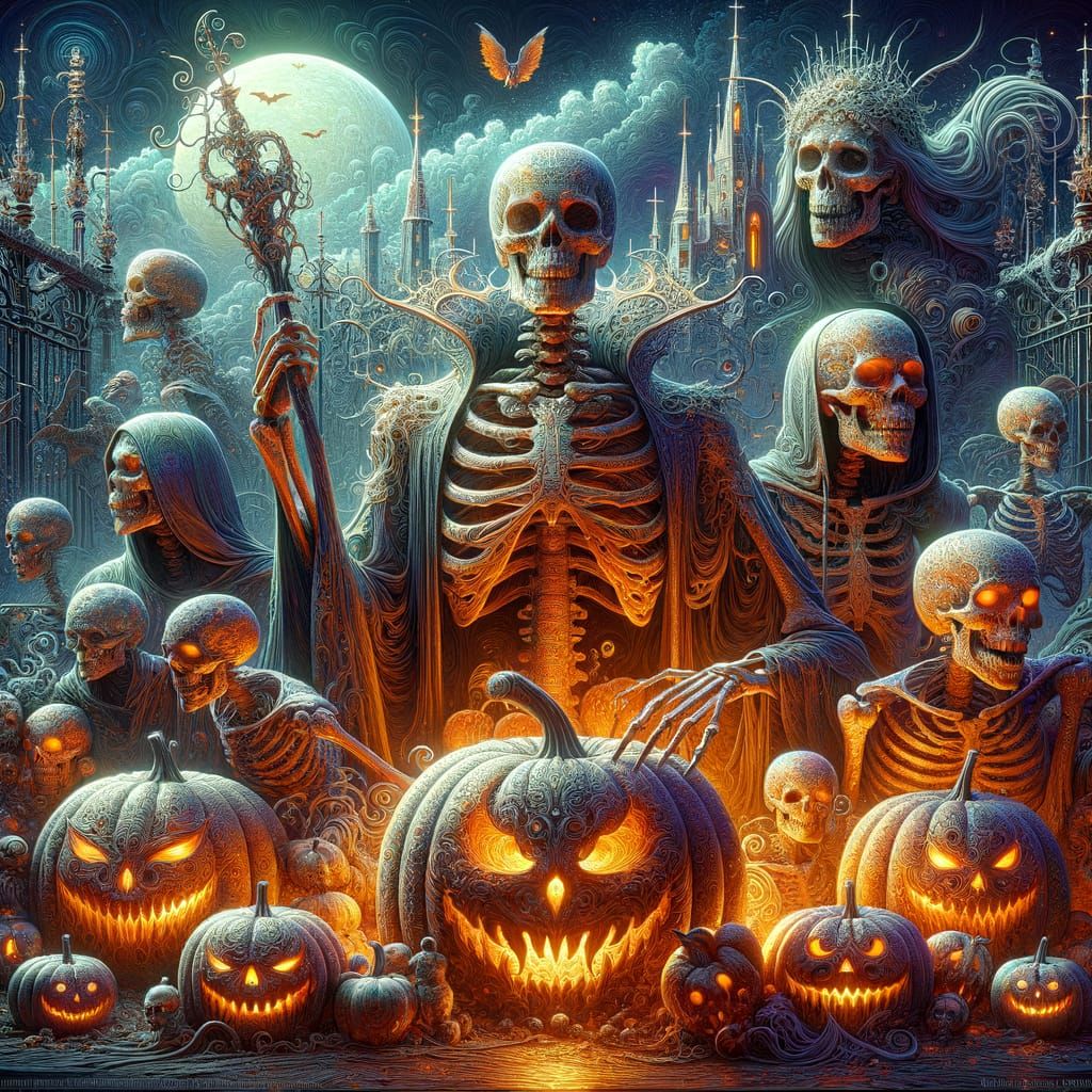 Fantastical Halloween Scene With Skeletons and Vampires
