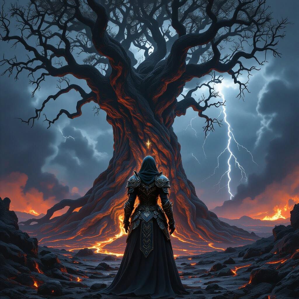 Armored Sorceress in Volcanic Landscape, Dramatic Lighting