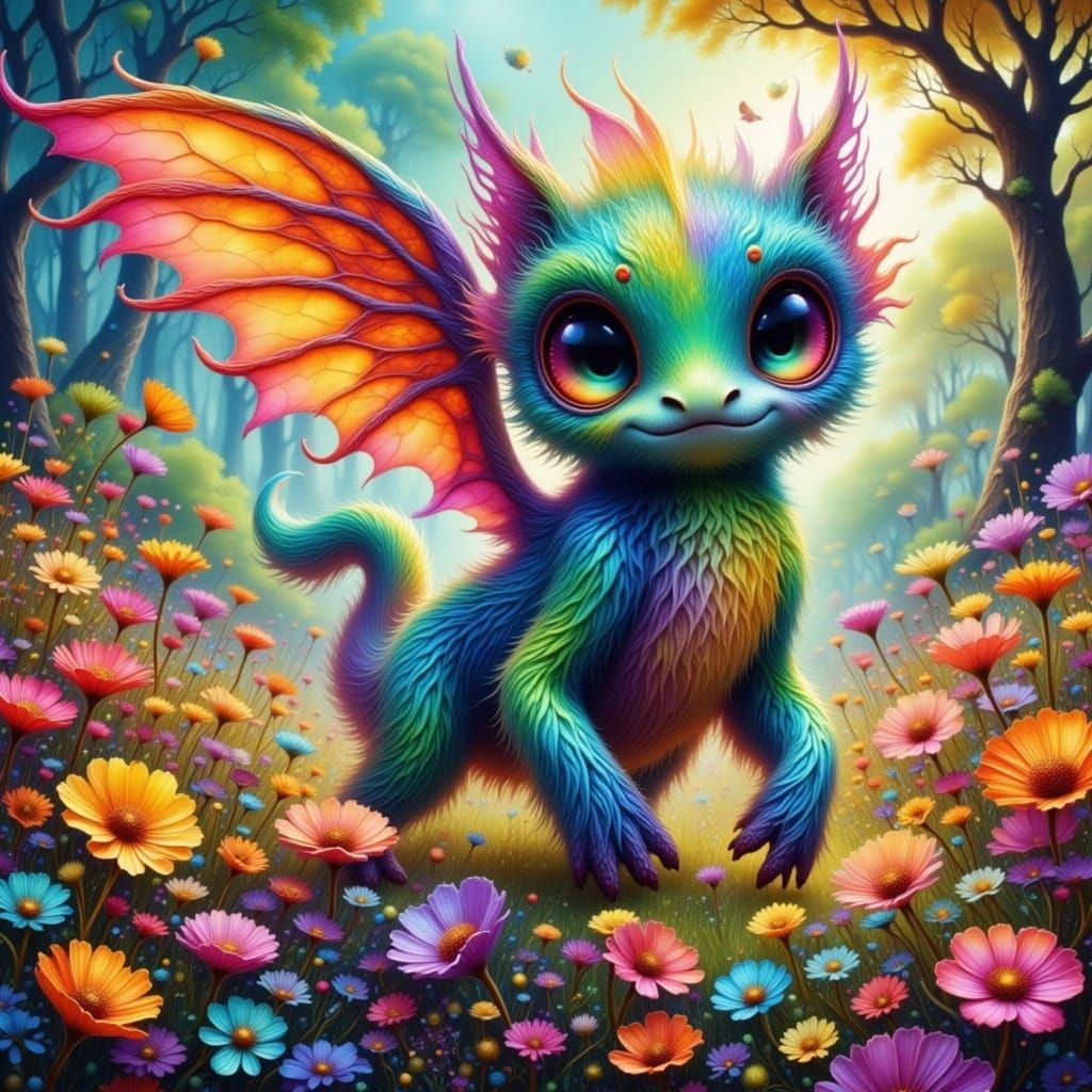 Vibrant Mythical Creature in Whimsical Shabby Chic Landscape
