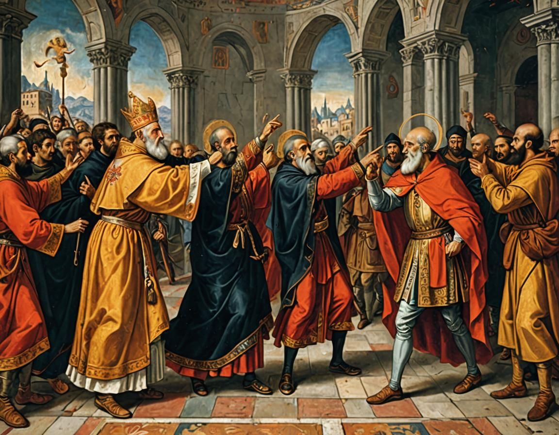 an oil painting of Saint Nicolas punching Arius of Alexandri...