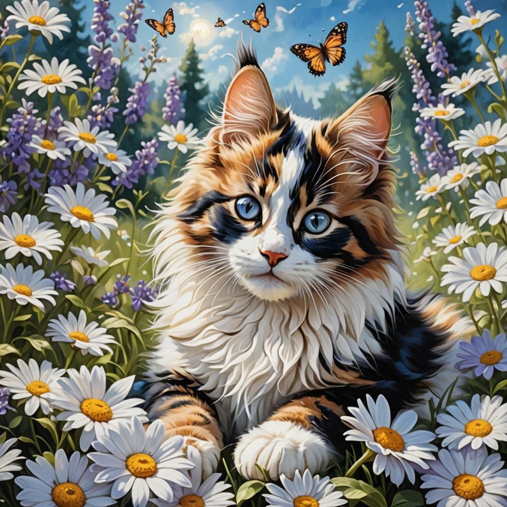 Calico Kitten in Daisy Garden as Oil Painting
