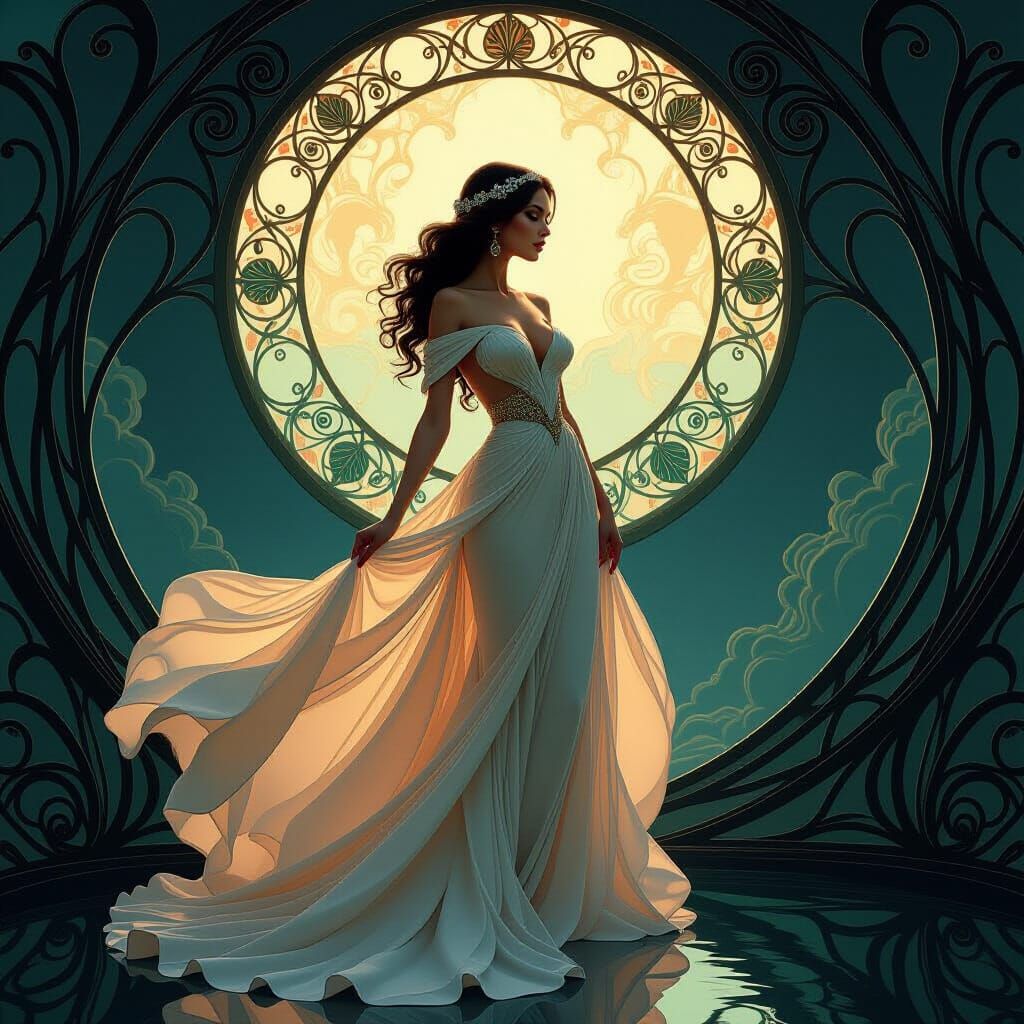 Ethereal Woman in Art Nouveau Gown in Dreamlike Landscape