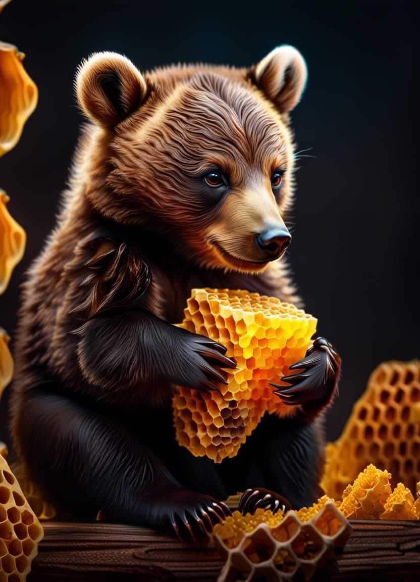 Hyperrealistic Baby Bear with Honeycomb