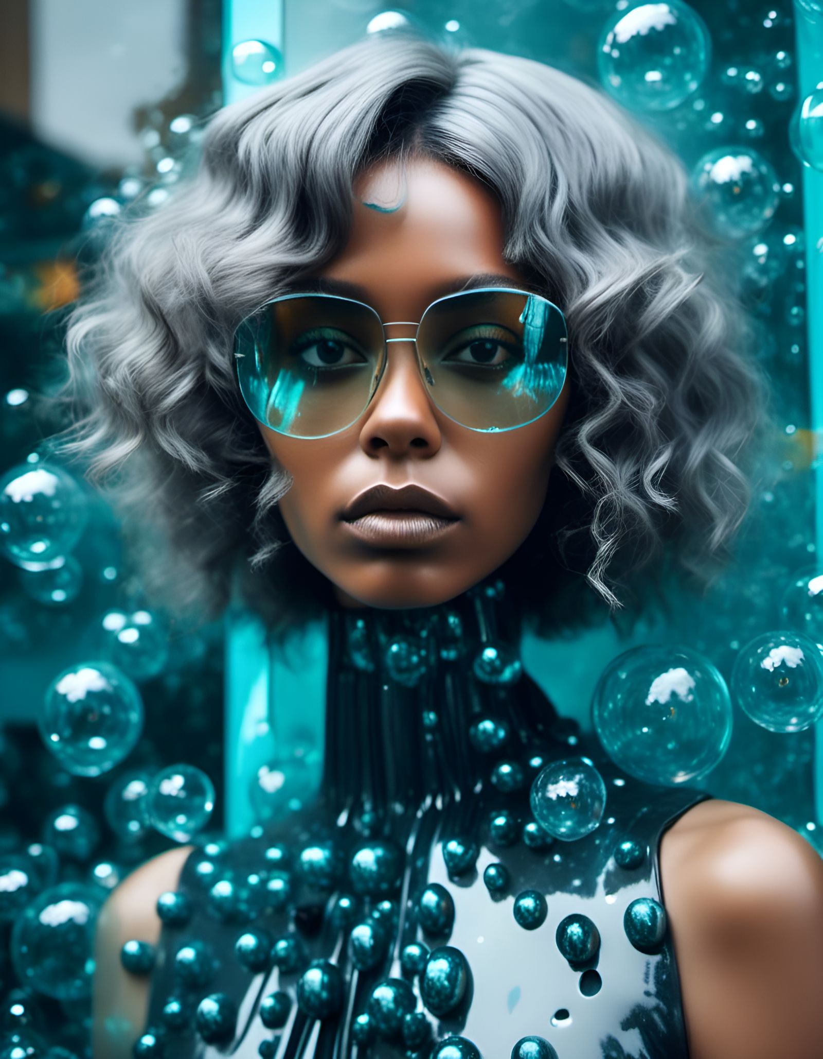 Aquamarine Haired Woman in Afrofuturism Style