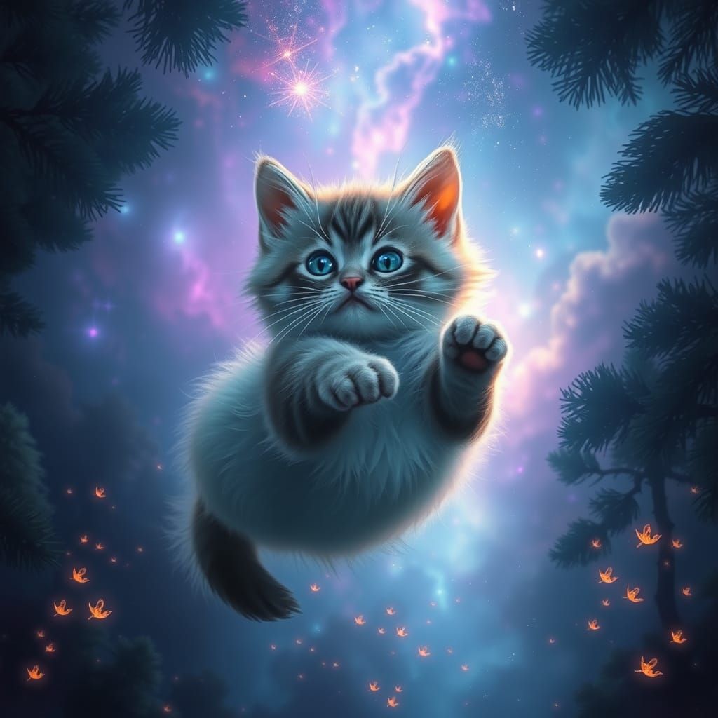 Bioluminescent Kitten Drifting Through Iridescent Nebula