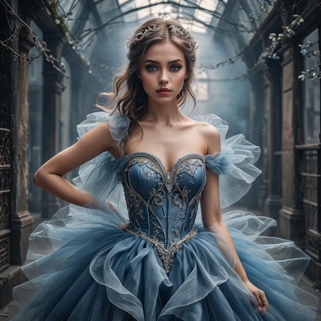 Stunning Girl in Blue Tulle, Hyperrealistic Portrait