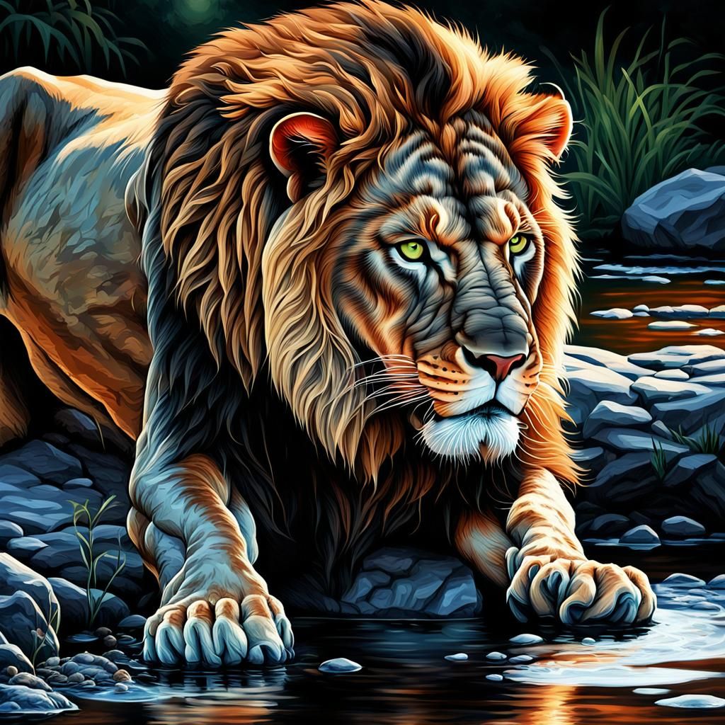 Magnificent Lion at Nightfall: Digital Acrylic Art