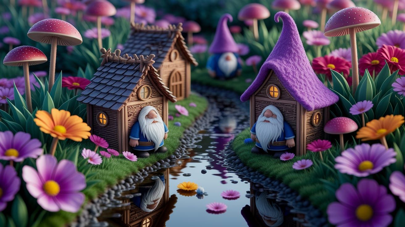 Gnome Village in Vibrant Flower Garden as Alcohol Ink Art