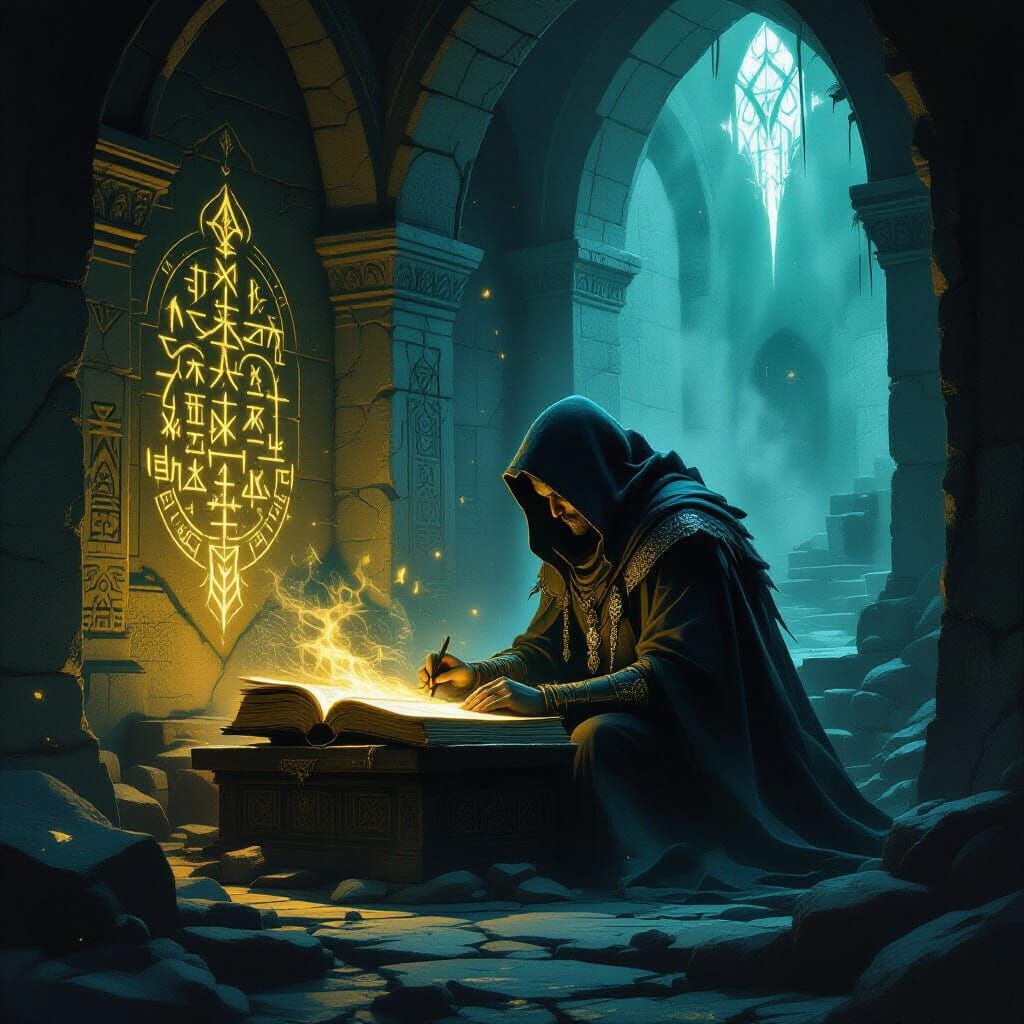 Dark Fantasy Loremaster Studying Glowing Runes