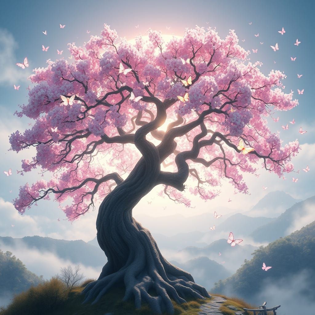 Ancient Cherry Blossom Tree in Vibrant, Iridescent Splendor