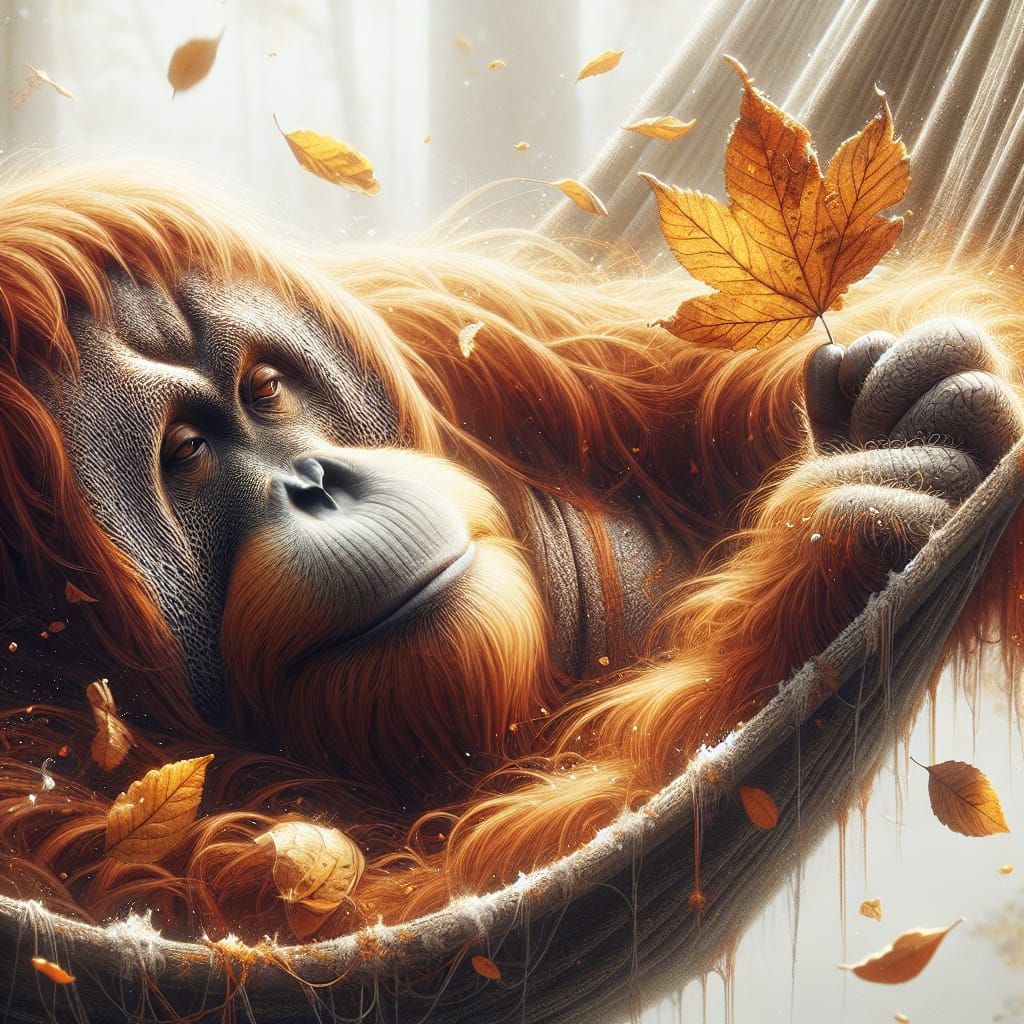 Orangutan Daydreaming in Autumn Hammock