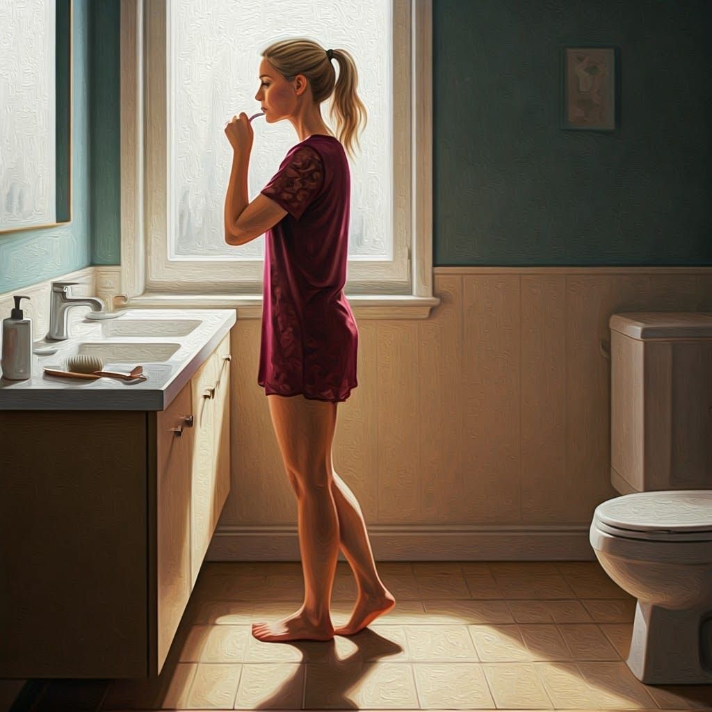 Woman's Serene Morning Routine in Impasto Style