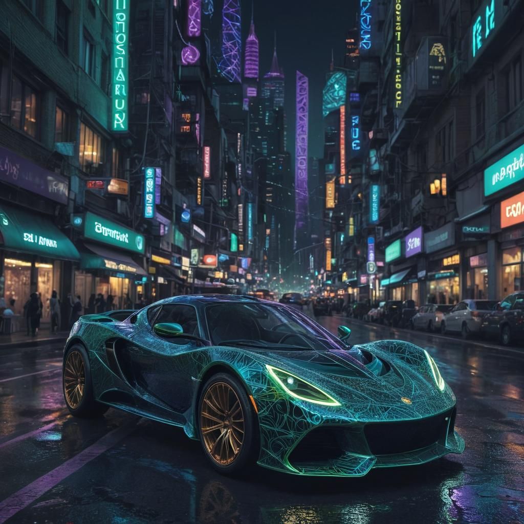 Luxurious Car on Neon Lit City Street