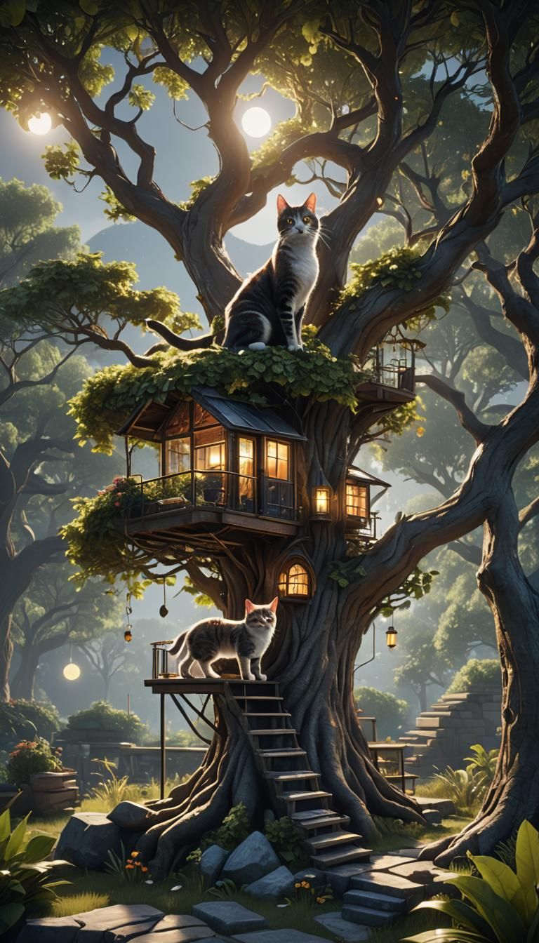 Glass Treehouse with Cat, Moon, and Sun