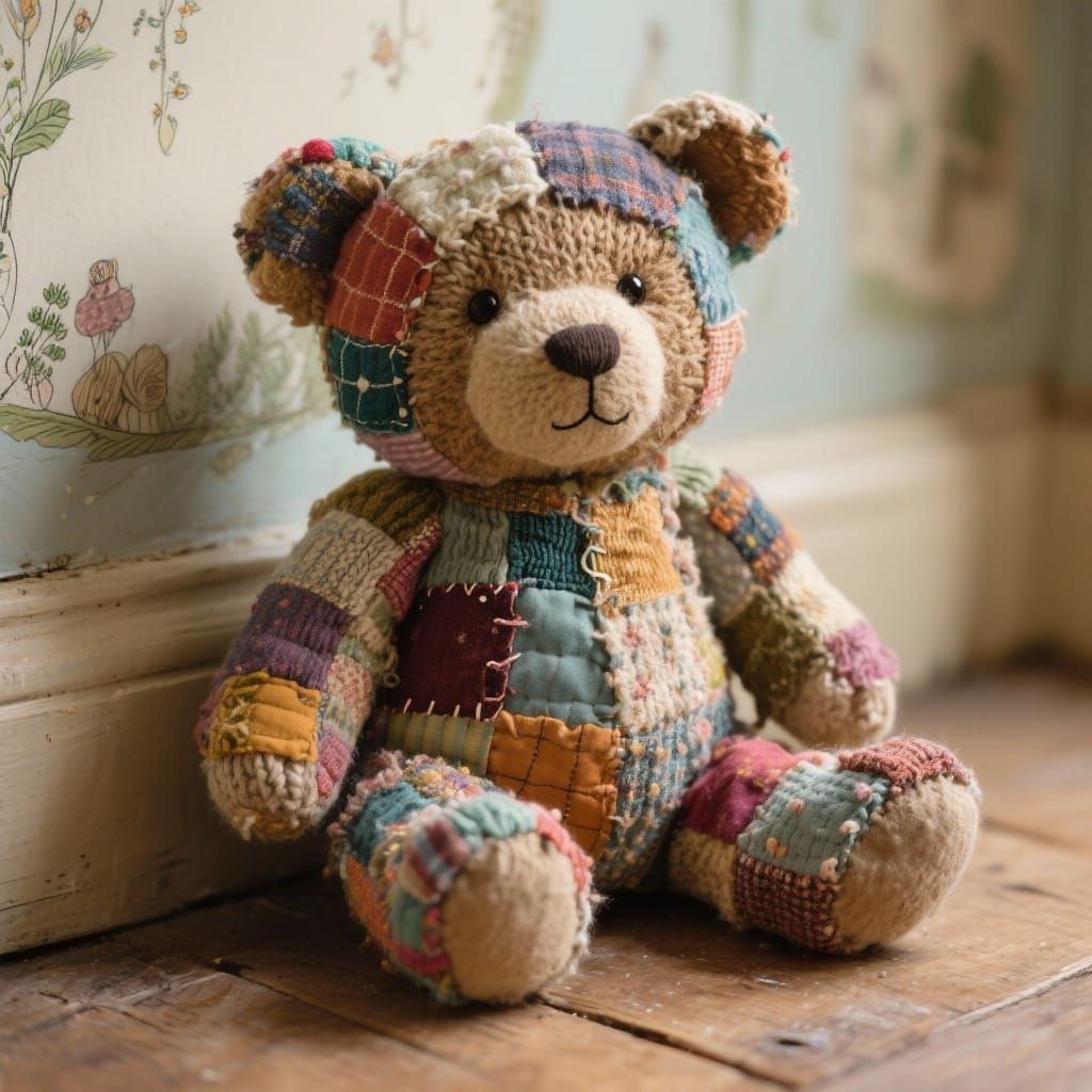 Whimsical Patchwork Teddy Bear Nostalgic Handmade Craft